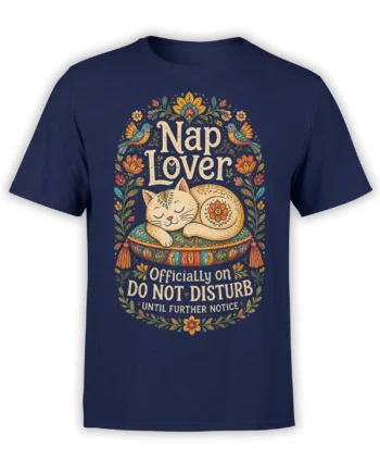 Sleeping cream cat on a floral cushion with Nap Lover and Do Not Disturb text on a navy T-shirt