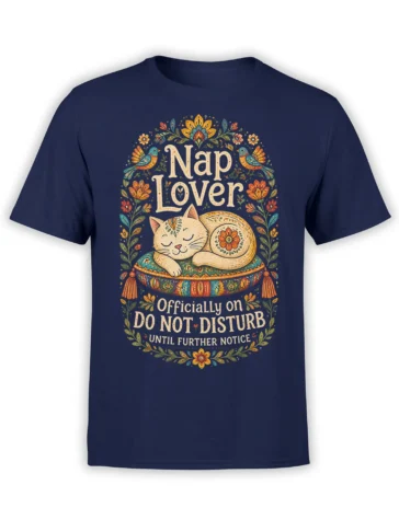 Sleeping cream cat on a floral cushion with Nap Lover and Do Not Disturb text on a navy T-shirt