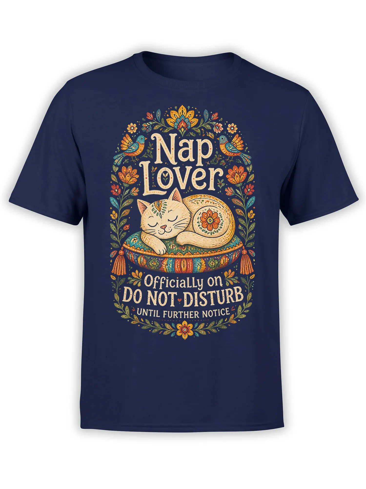 Sleeping cream cat on a floral cushion with Nap Lover and Do Not Disturb text on a navy T-shirt