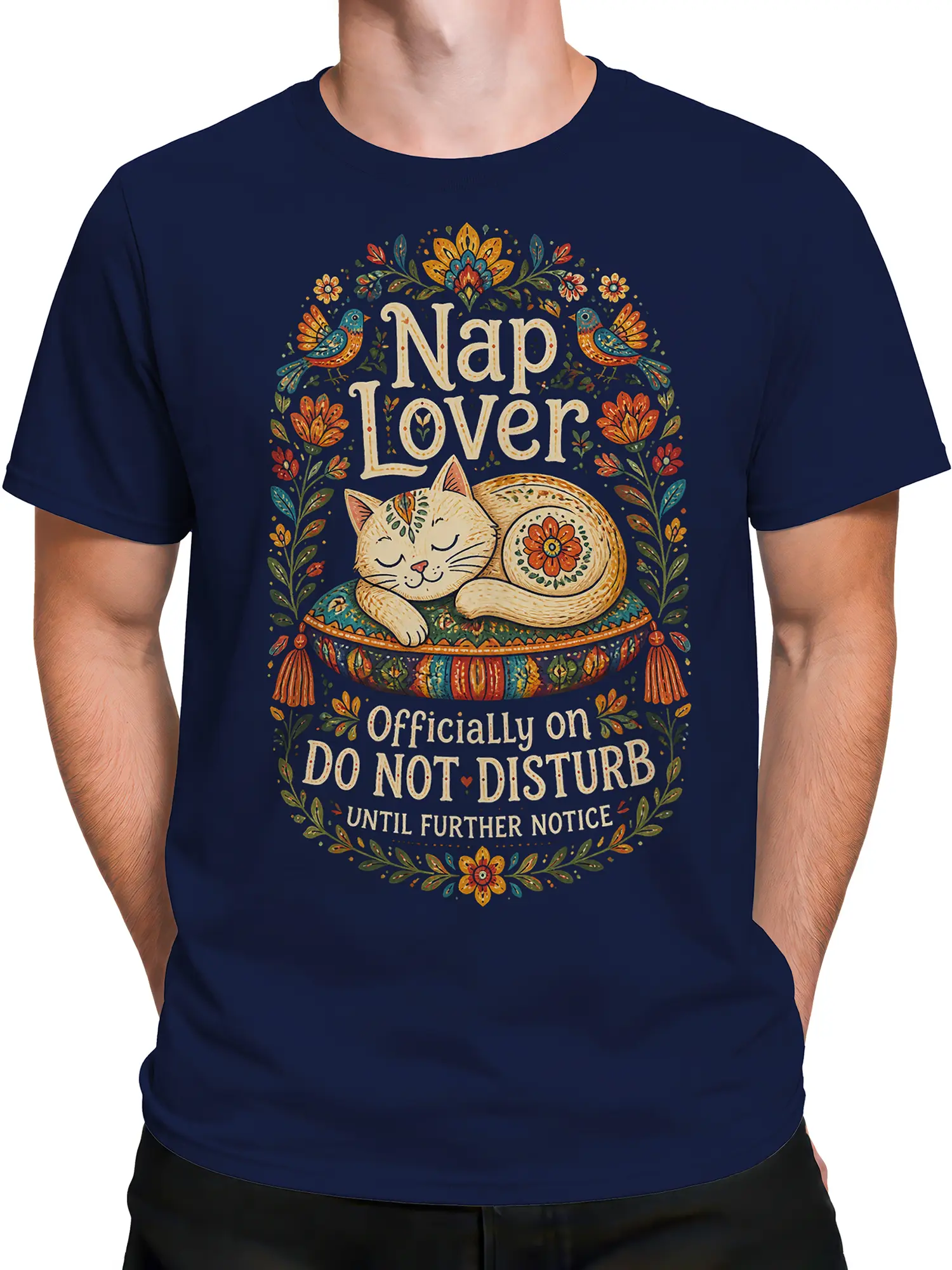 Male torso wearing a navy sleeping cat T-shirt with floral artwork and Nap Lover lettering
