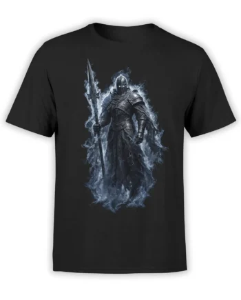 Armored knight holding a sword amid icy blue spectral flames on a black fantasy T-shirt
