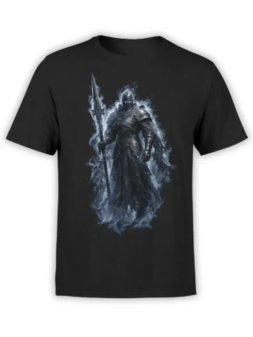 Armored knight holding a sword amid icy blue spectral flames on a black fantasy T-shirt