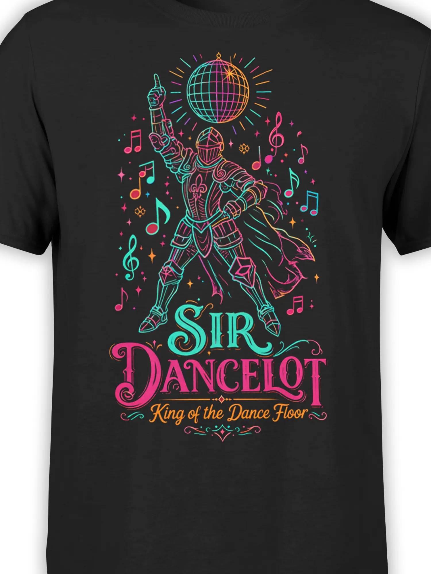 Close-up of neon-style Sir Dancelot knight artwork with disco ball, musical notes, and colorful fantasy lettering