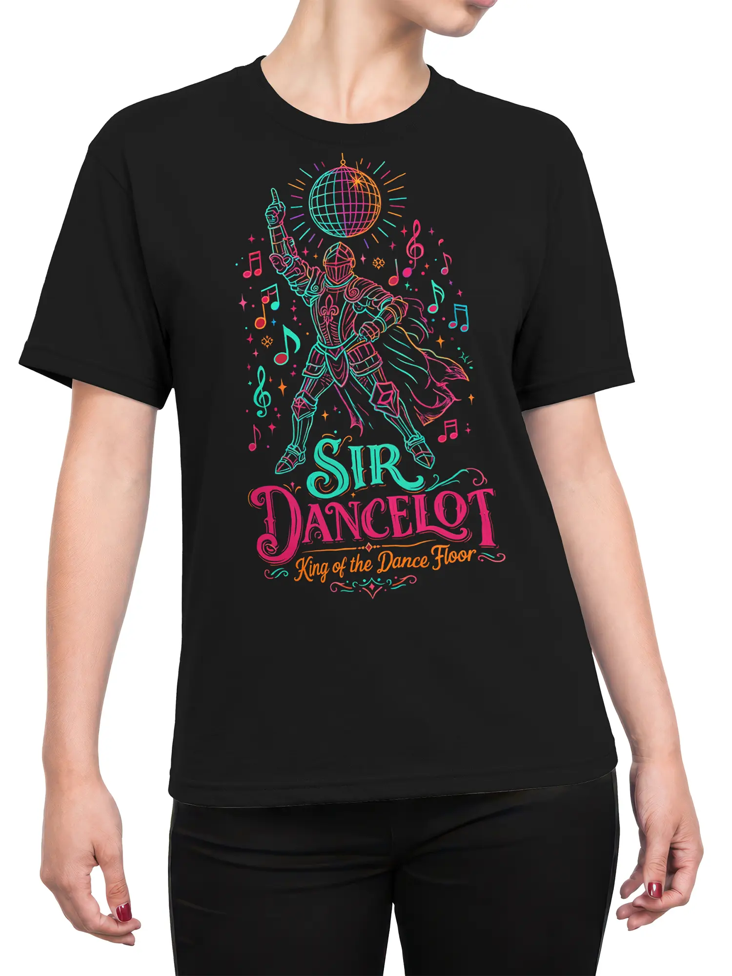 Female torso wearing a black Sir Dancelot T-shirt with colorful dancing knight and disco ball artwork