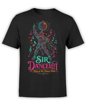 Black T-shirt with colorful armored knight, disco ball, musical notes, and Sir Dancelot dance floor lettering