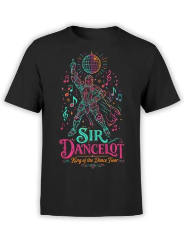 Black T-shirt with colorful armored knight, disco ball, musical notes, and Sir Dancelot dance floor lettering