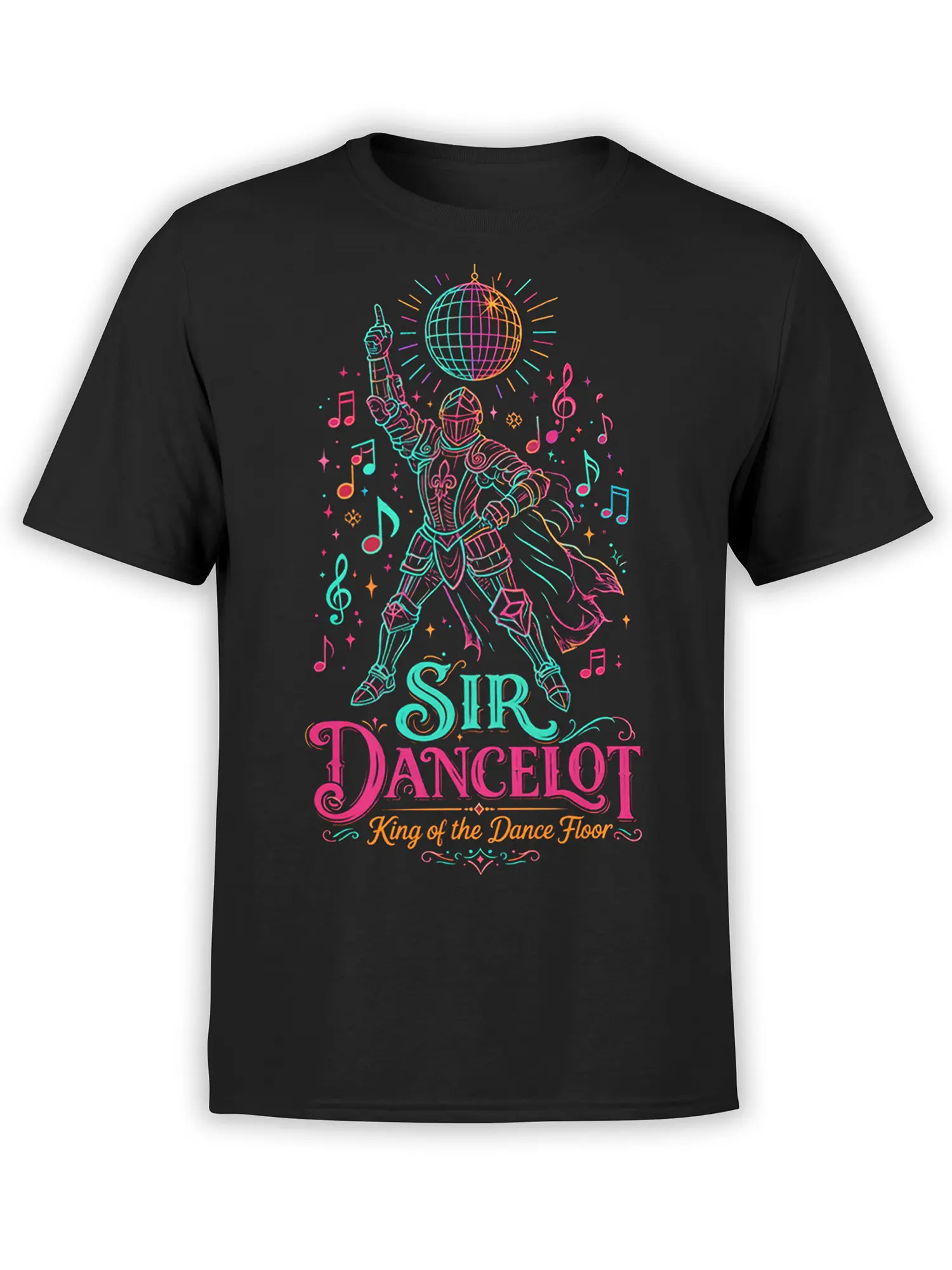 Black T-shirt with colorful armored knight, disco ball, musical notes, and Sir Dancelot dance floor lettering