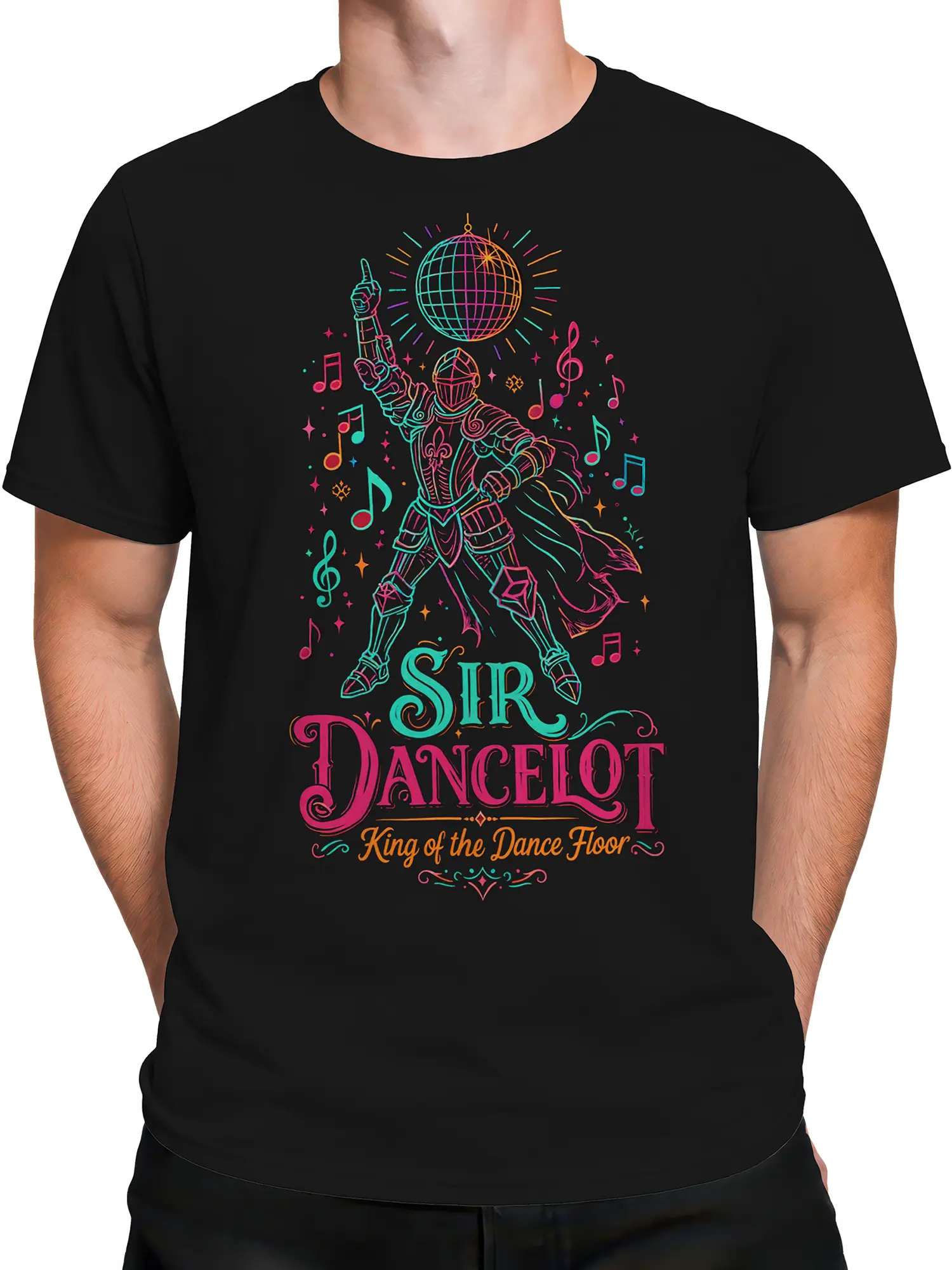 Male torso wearing a black knight graphic T-shirt with neon Sir Dancelot dance artwork
