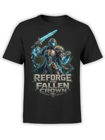 Black T-shirt with armored fantasy warrior, glowing blue sword, chains, and Reforge the Fallen Crown text