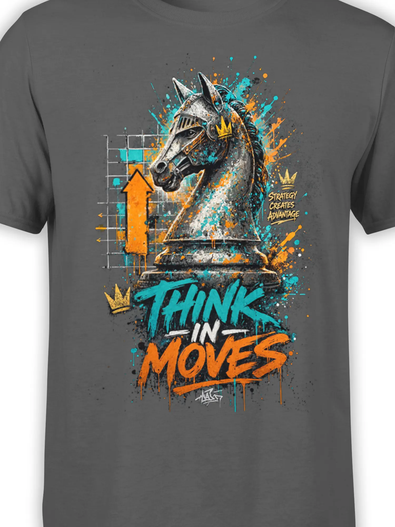 Close-up of the armored chess knight and THINK IN MOVES artwork on a gray graphic T-shirt