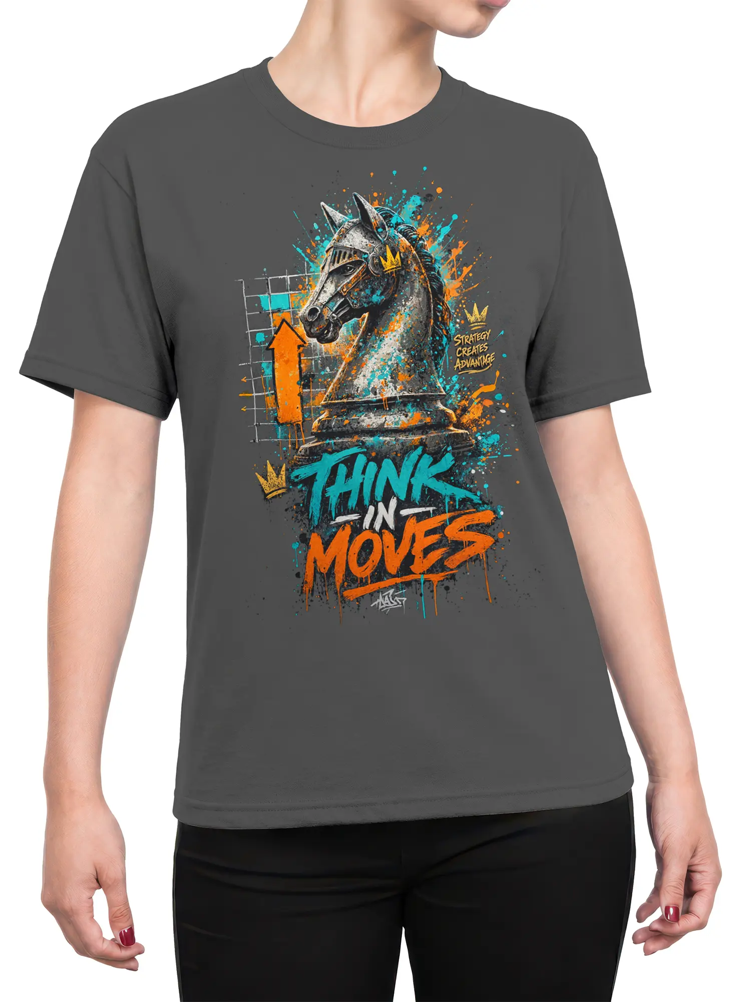 Female torso wearing a gray chess knight T-shirt with colorful strategy artwork and THINK IN MOVES lettering
