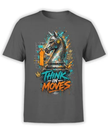 Gray chess T-shirt with an armored knight, colorful paint splashes, crowns, arrows, and THINK IN MOVES text