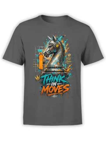 Gray chess T-shirt with an armored knight, colorful paint splashes, crowns, arrows, and THINK IN MOVES text