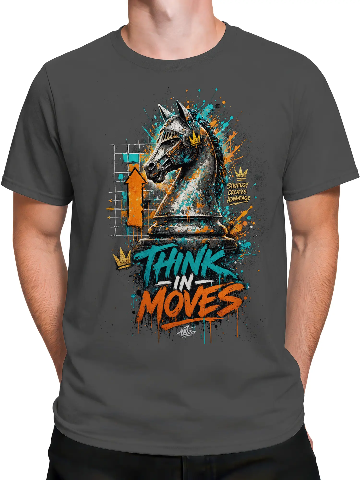 Male torso wearing a gray chess T-shirt with an armored knight, crowns, arrows, and colorful graphic details