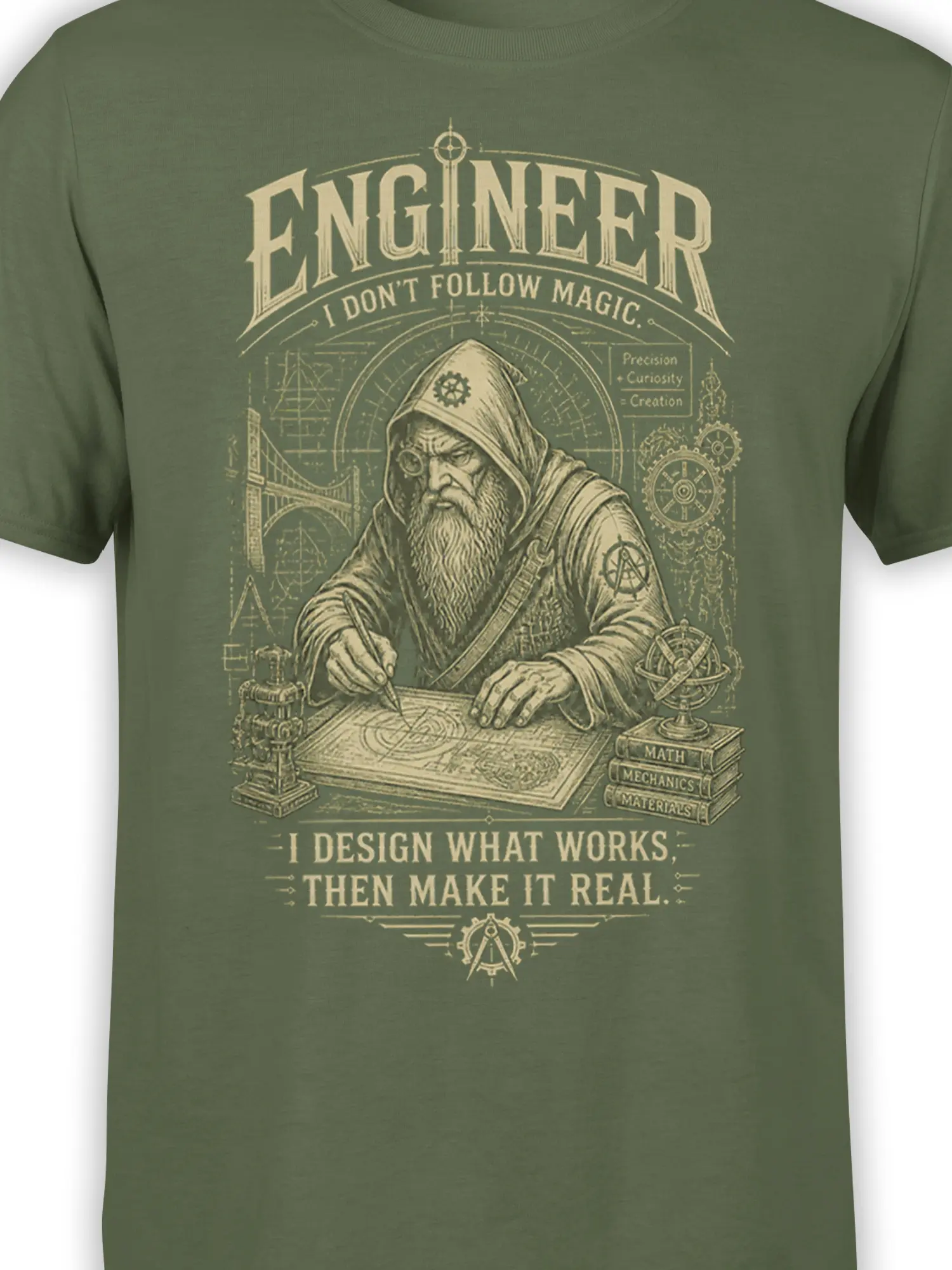 Close-up of green engineer shirt print showing blueprint details, mechanical symbols, books, and vintage cream lettering