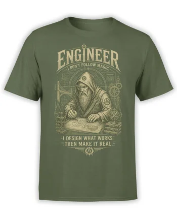 Green engineer T-shirt with vintage cream blueprint art, a hooded bearded figure, technical diagrams, and bold text