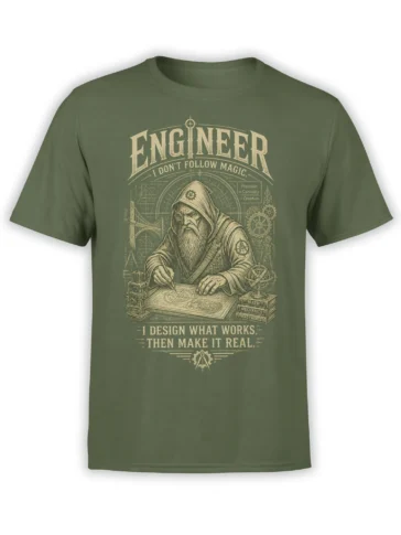 Green engineer T-shirt with vintage cream blueprint art, a hooded bearded figure, technical diagrams, and bold text