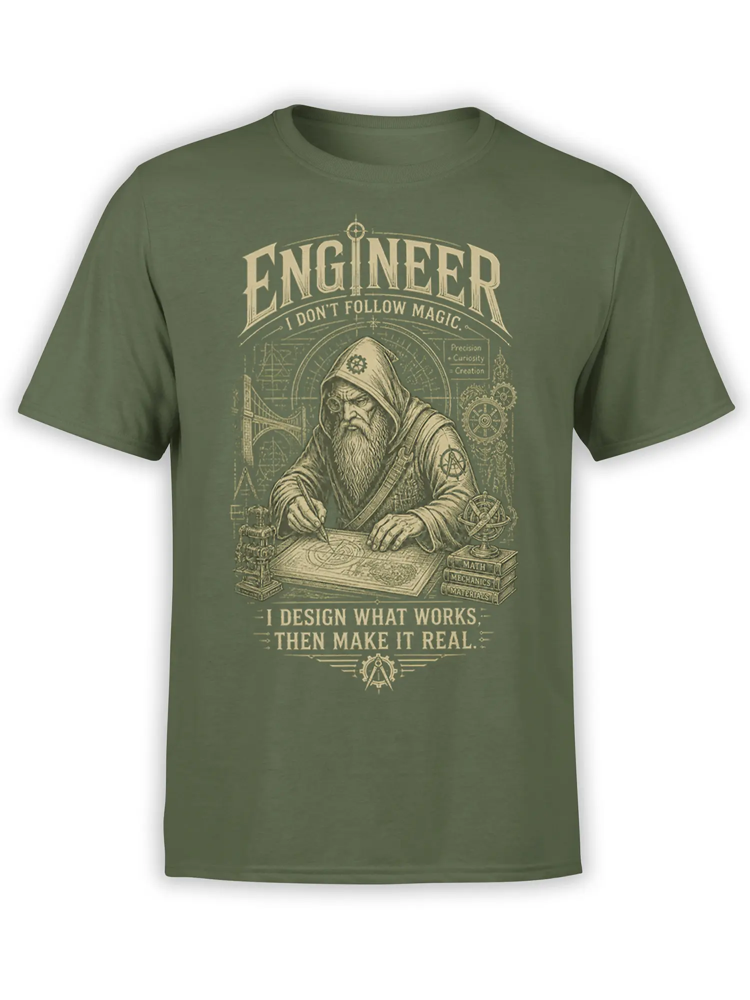 Green engineer T-shirt with vintage cream blueprint art, a hooded bearded figure, technical diagrams, and bold text