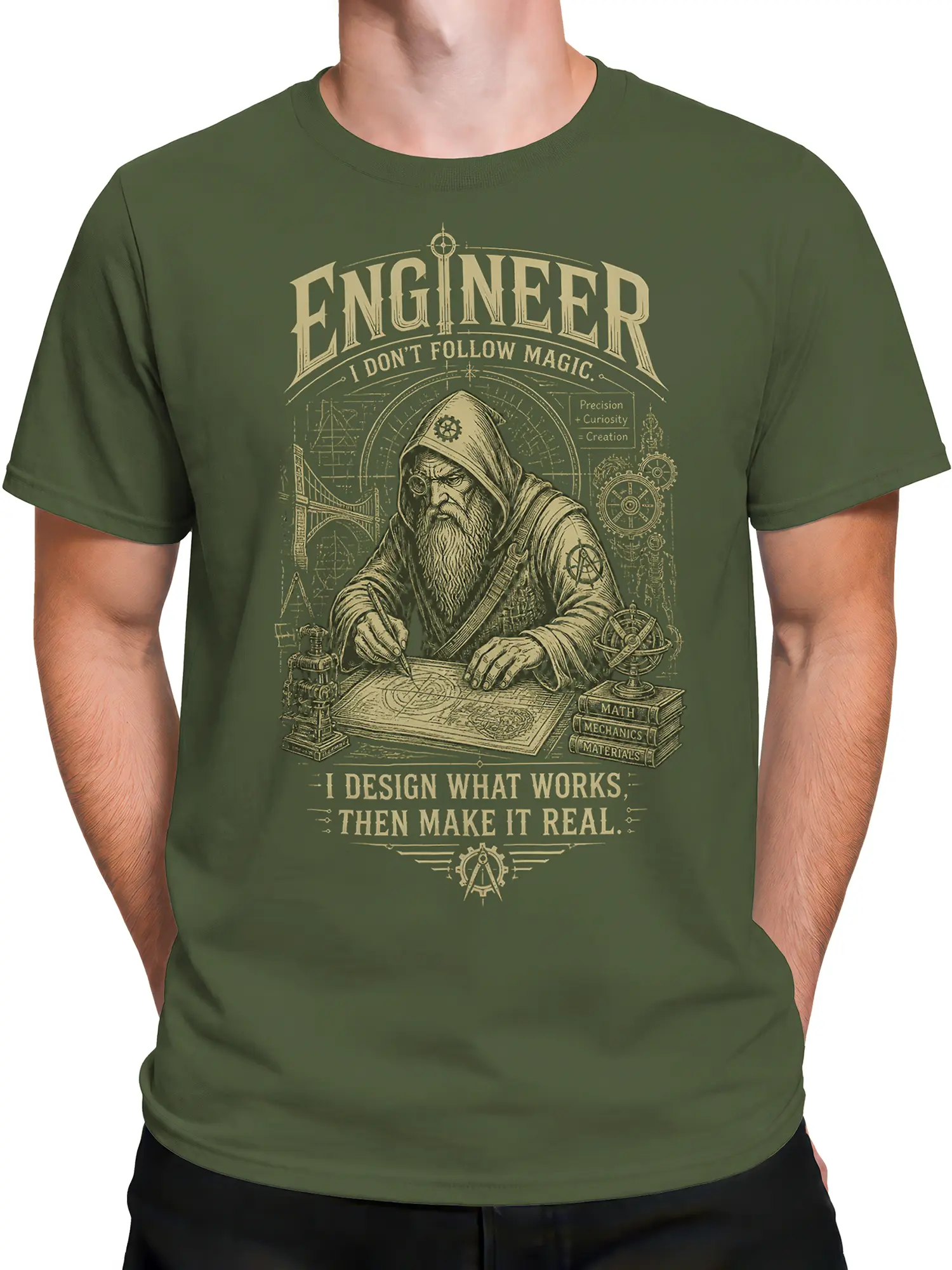 Male torso wearing a green engineer T-shirt with a hooded figure, blueprints, books, and cream lettering