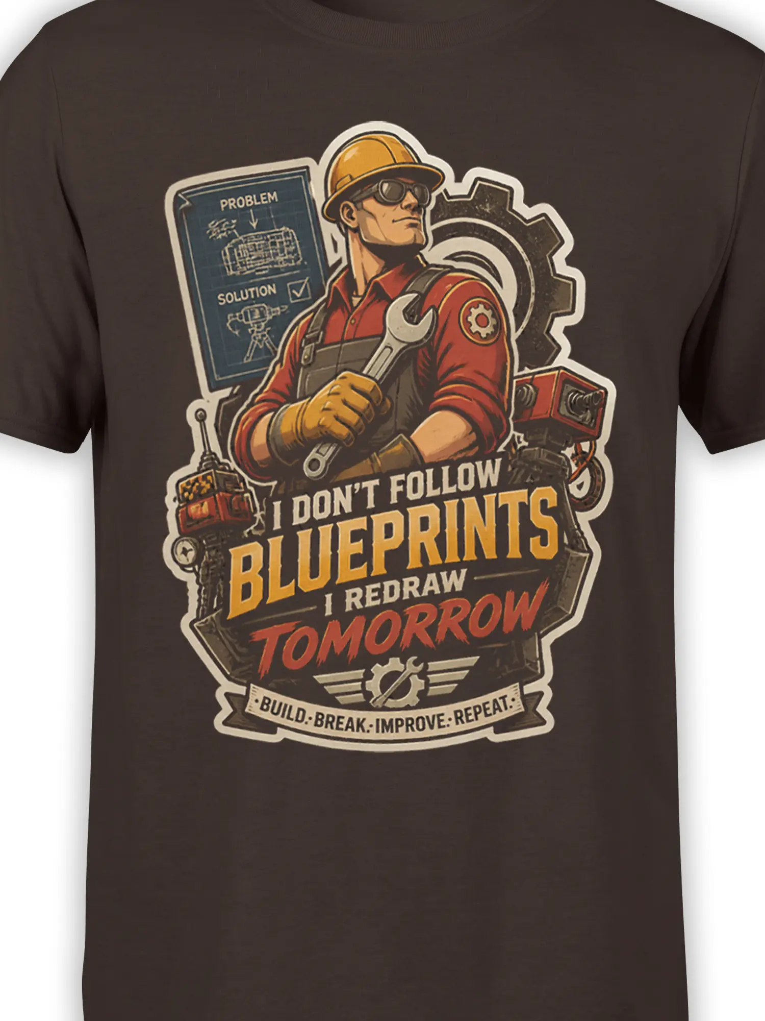 Close-up of brown engineer graphic tee showing the worker, wrench, gears, and “I Don’t Follow Blueprints” lettering