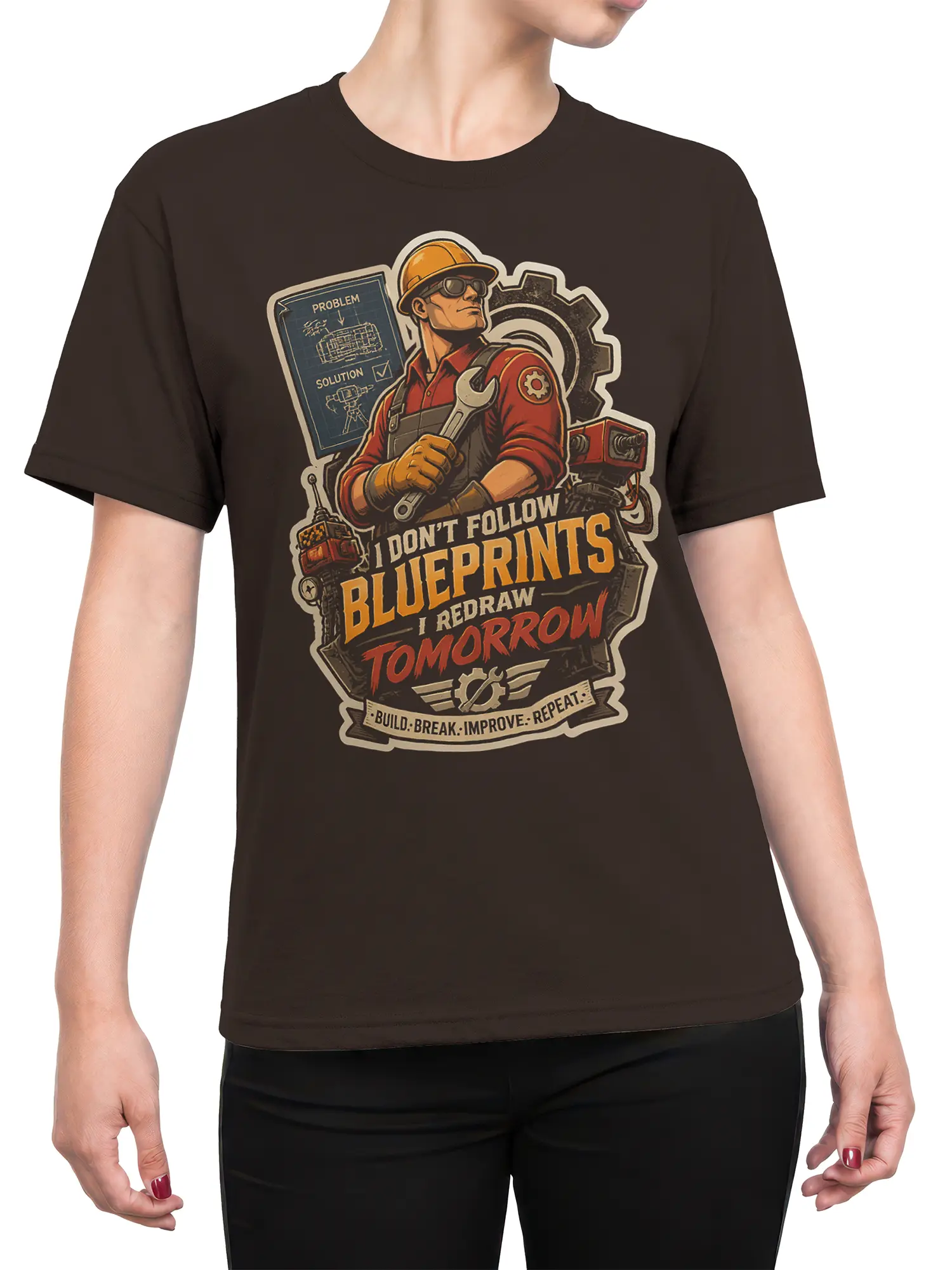 Female torso wearing a brown engineer T-shirt with a vintage worker, blueprint, wrench, gears, and workshop slogan