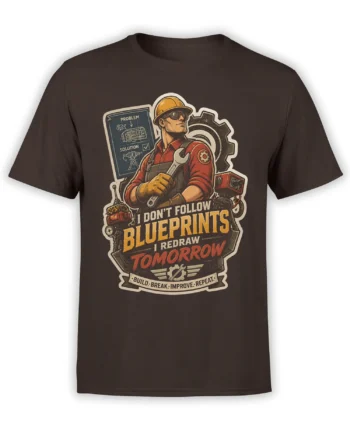 Brown engineer T-shirt with worker in hard hat, wrench, gears, blueprint, and bold workshop slogan
