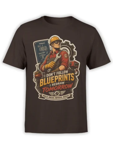 Brown engineer T-shirt with worker in hard hat, wrench, gears, blueprint, and bold workshop slogan