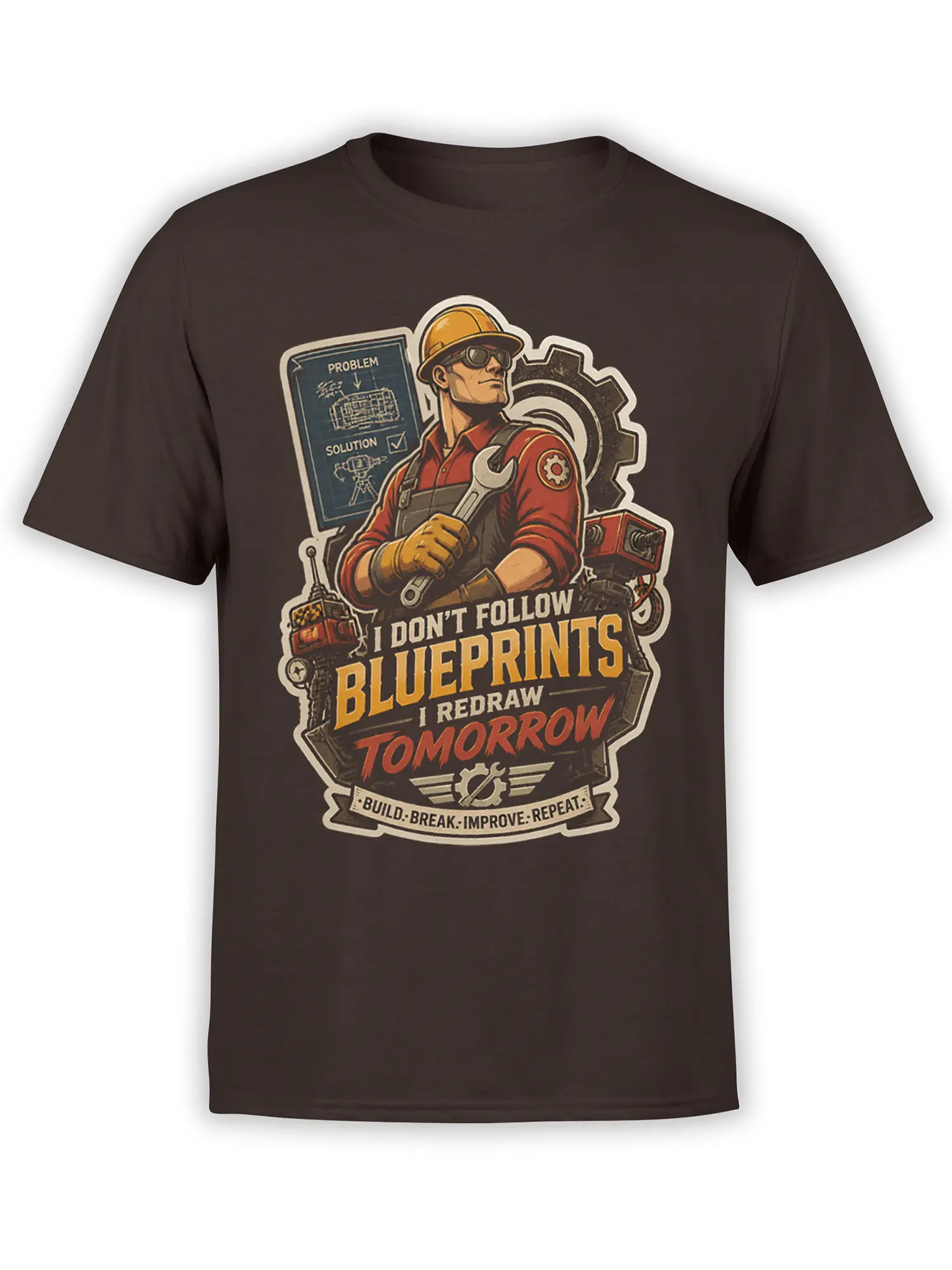 Brown engineer T-shirt with worker in hard hat, wrench, gears, blueprint, and bold workshop slogan