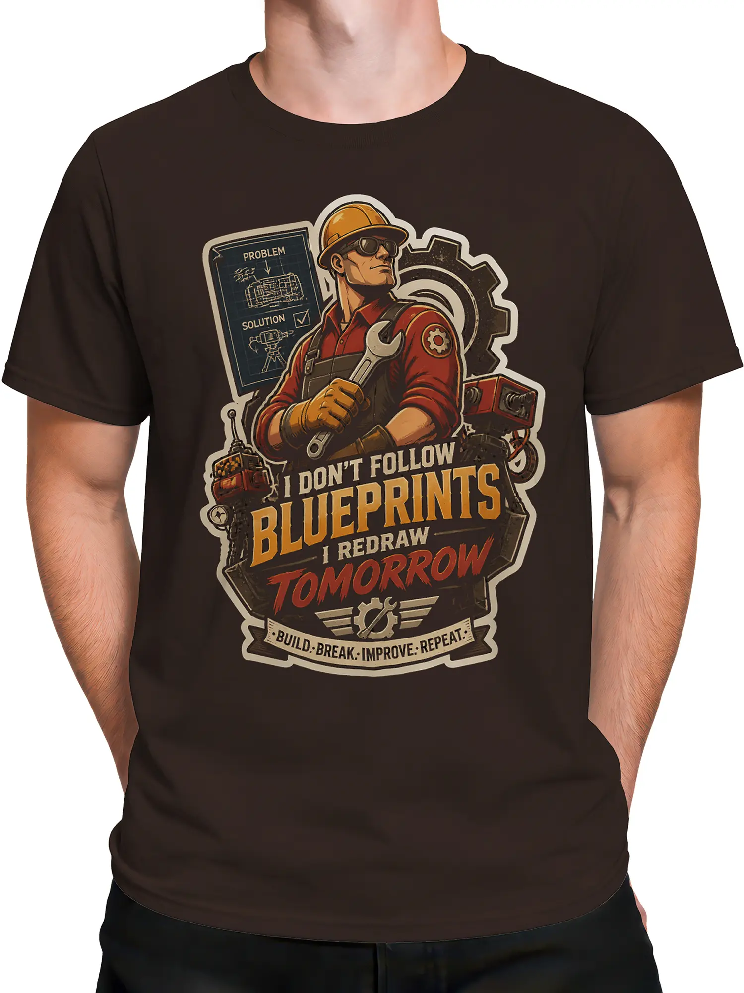 Male torso wearing a brown engineer T-shirt with a hard-hat worker, wrench, gears, and blueprint artwork