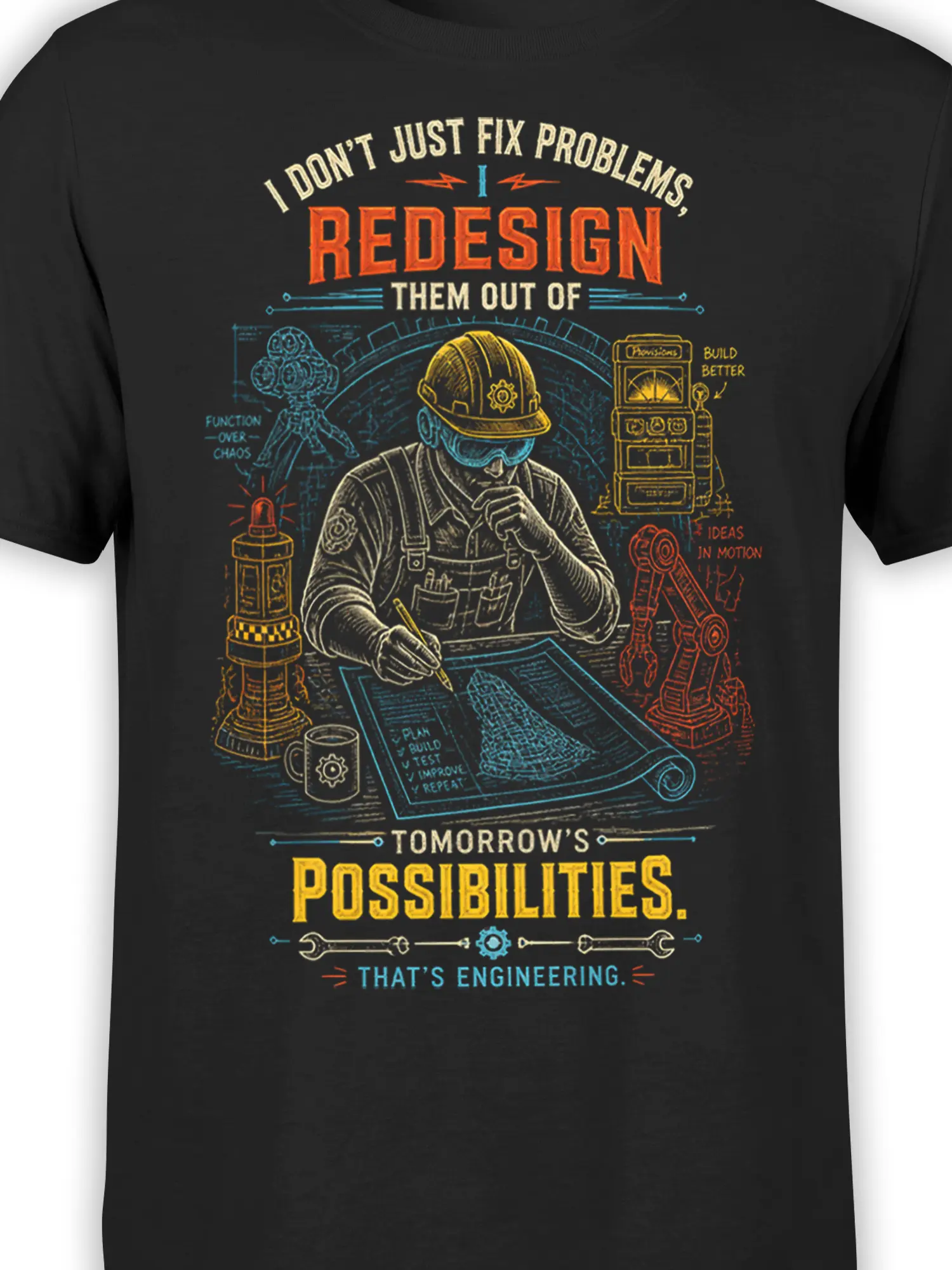 Close-up of black engineering shirt graphic with worker, blueprint, robotic arm, and colorful technical details