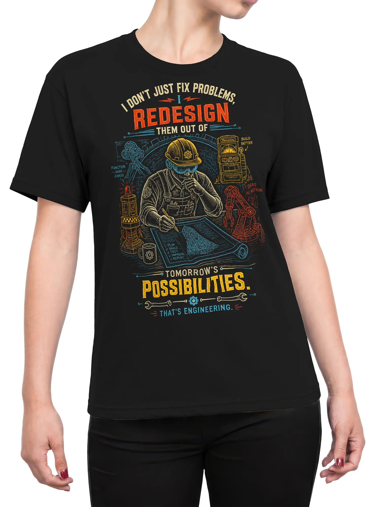 Female torso wearing a black engineering T-shirt with a hardhat worker, blueprint, and robotic arm graphic