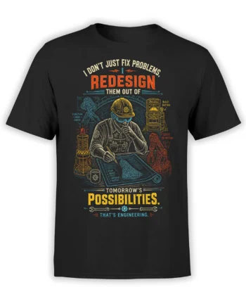 Black engineering T-shirt with hardhat worker, blueprint, robotic arm, tools, and bold redesign message