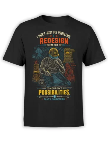 Black engineering T-shirt with hardhat worker, blueprint, robotic arm, tools, and bold redesign message