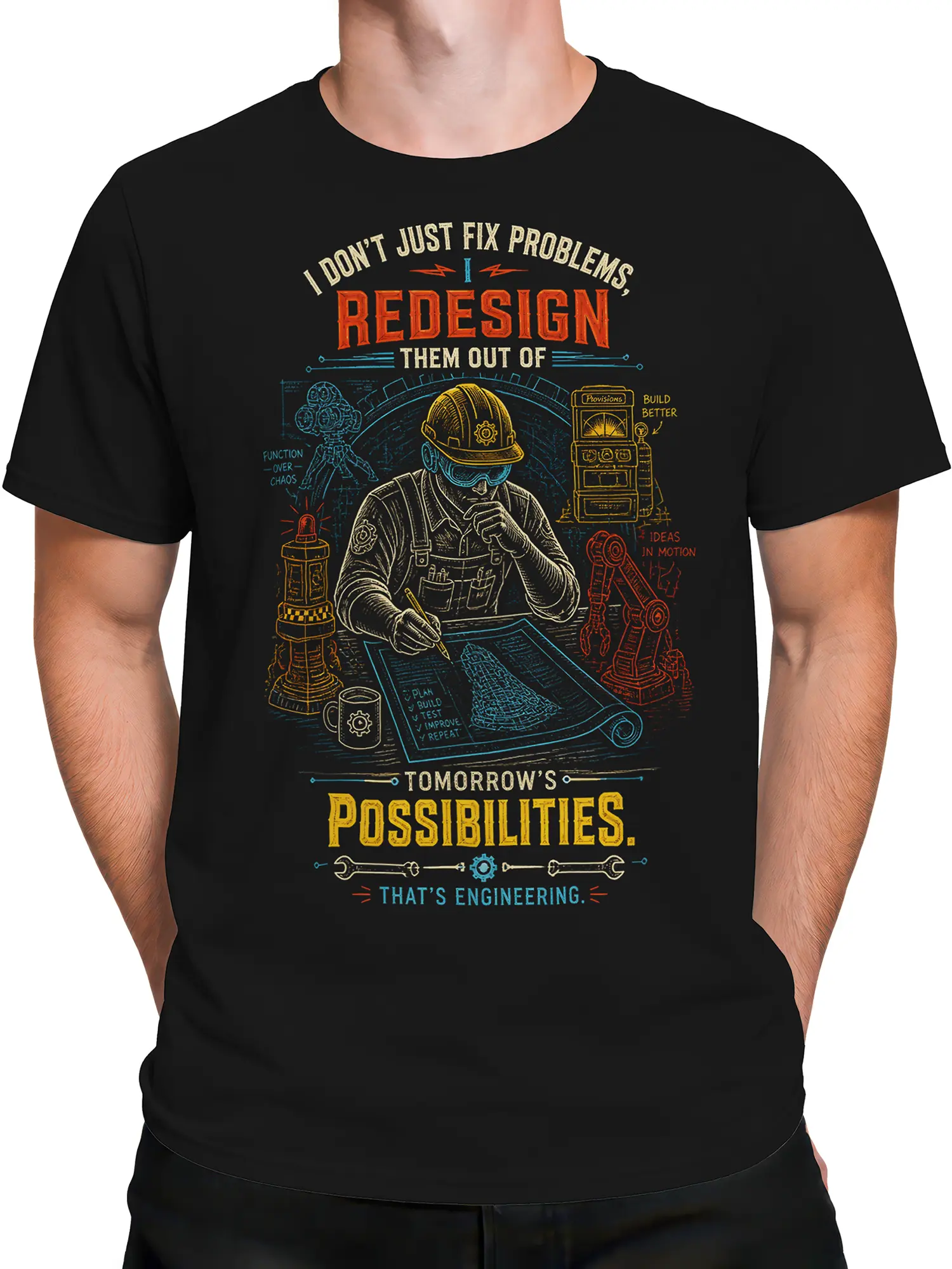 Male torso wearing a black engineer T-shirt with vintage blueprint and problem-solving graphic