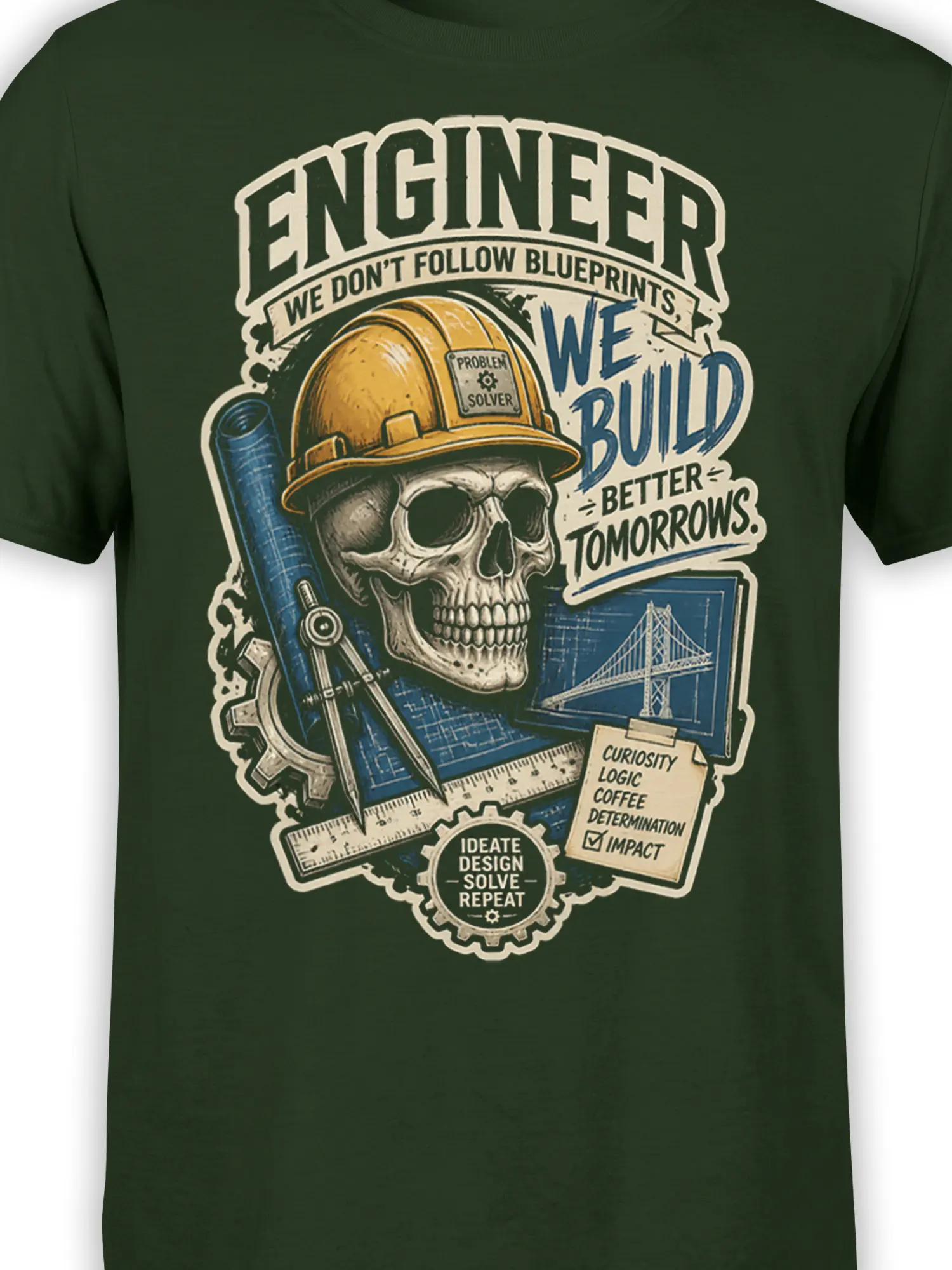 Close-up of skull engineer artwork with hard hat, bridge blueprint, ruler, gears, and lettering on green fabric