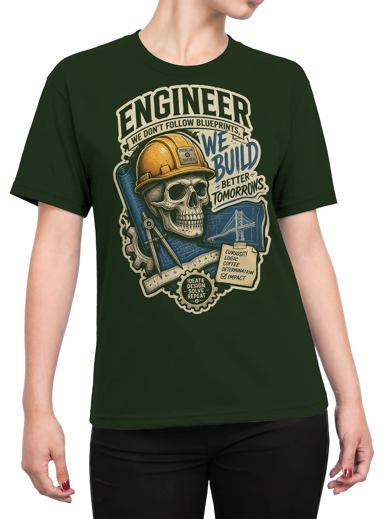 Female torso wearing a green engineer t-shirt with skull, hard hat, bridge blueprint, and bold vintage design
