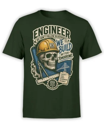 Green engineer t-shirt with skull in hard hat, bridge blueprints, tools, and vintage lettering