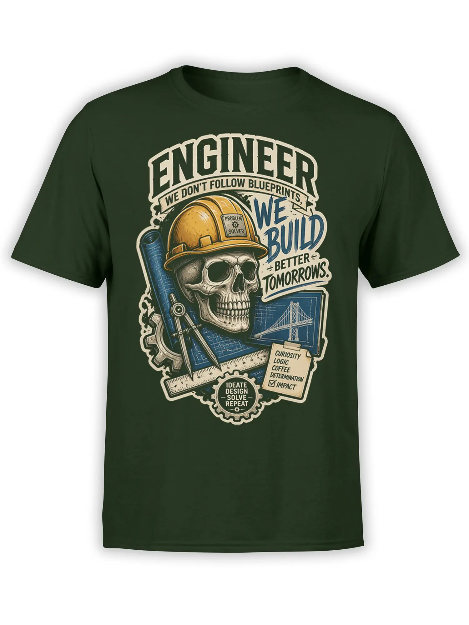 Green engineer t-shirt with skull in hard hat, bridge blueprints, tools, and vintage lettering