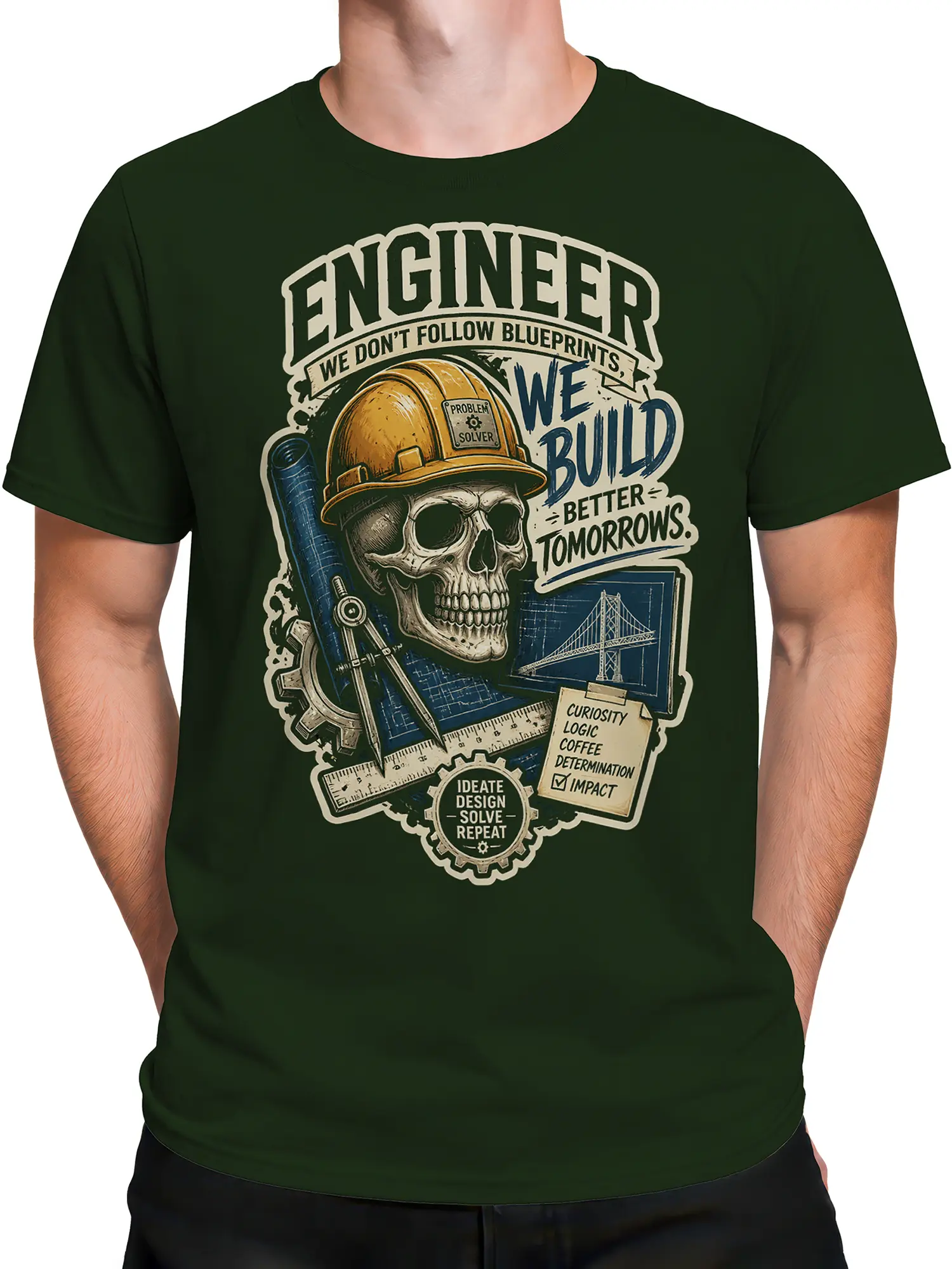 Male torso wearing a green engineer t-shirt with skull, hard hat, bridge blueprint, and workshop lettering