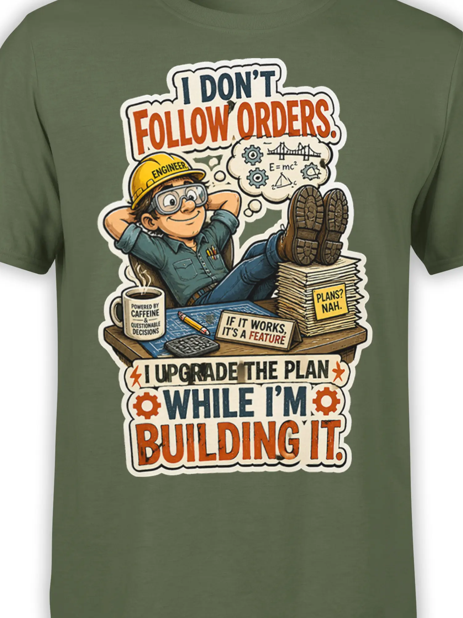 Close-up of green engineer graphic with hard hat, coffee mug, blueprints, gears, and vintage lettering