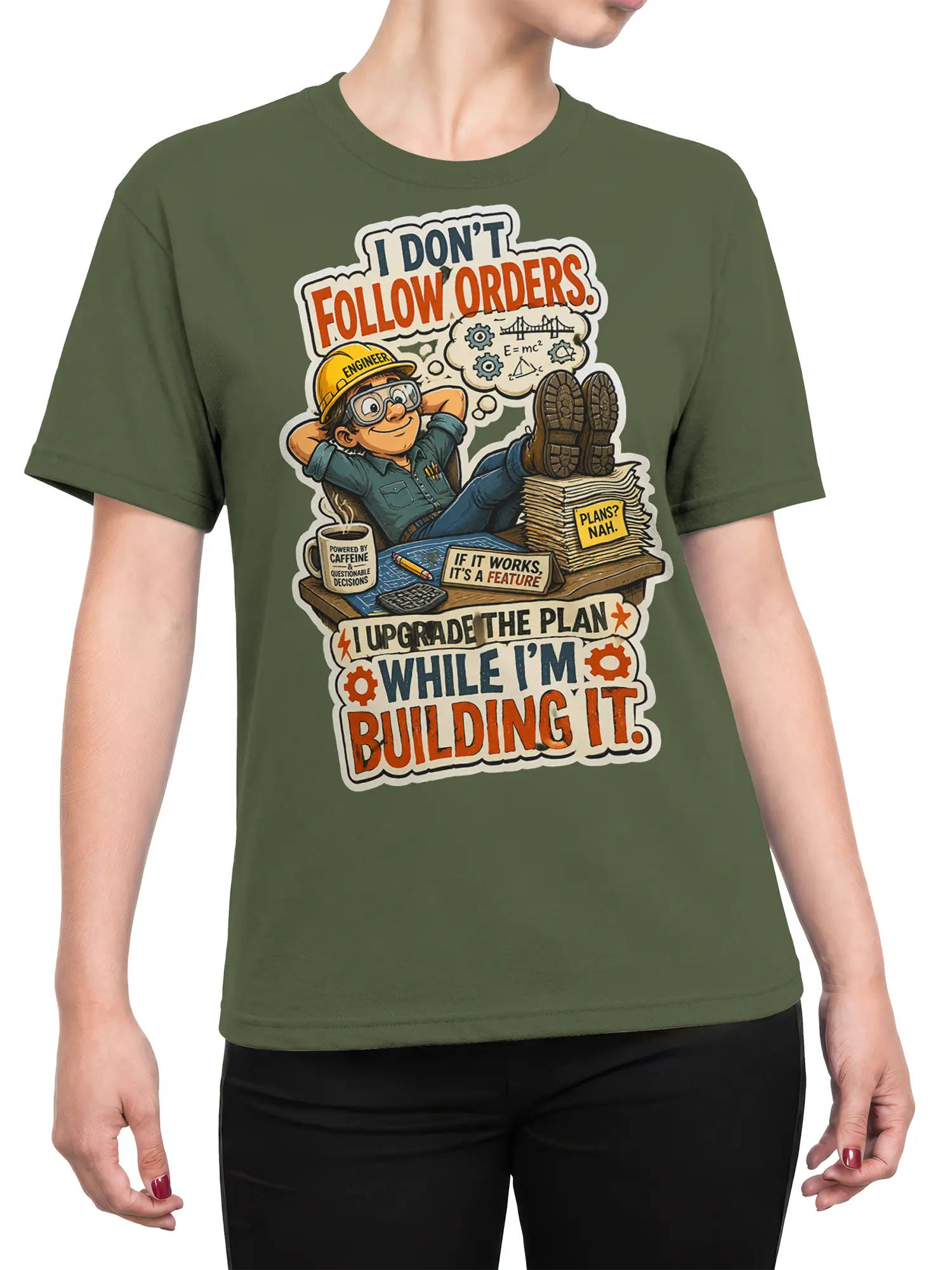 Female torso wearing a green engineer T-shirt with cartoon builder, coffee cup, blueprints, and bold retro lettering