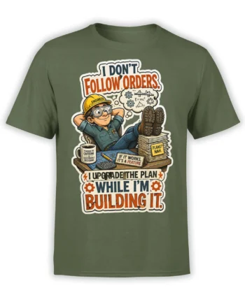 Green engineer T-shirt with cartoon builder, coffee, blueprints, gears, and bold “upgrade the plan” lettering