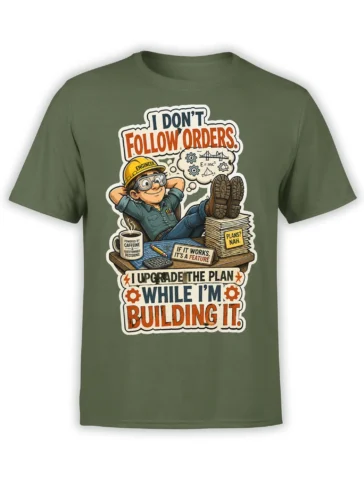 Green engineer T-shirt with cartoon builder, coffee, blueprints, gears, and bold “upgrade the plan” lettering