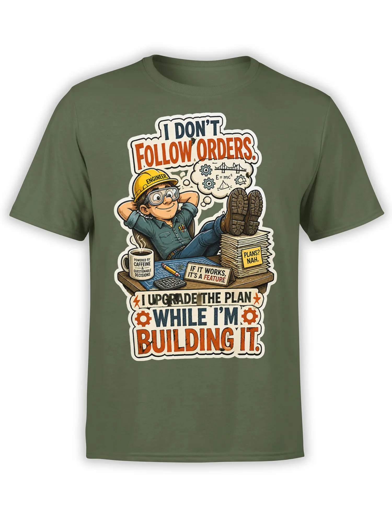 Green engineer T-shirt with cartoon builder, coffee, blueprints, gears, and bold “upgrade the plan” lettering