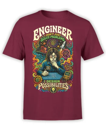 Colorful engineer graphic with blueprints, gears, rocket, and planets on a burgundy T-shirt