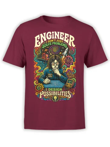 Colorful engineer graphic with blueprints, gears, rocket, and planets on a burgundy T-shirt