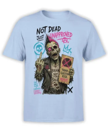 Punk zombie with a mohawk, anarchy symbols, and rebellious slogans printed on a light blue T-shirt