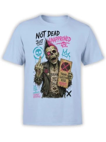 Punk zombie with a mohawk, anarchy symbols, and rebellious slogans printed on a light blue T-shirt