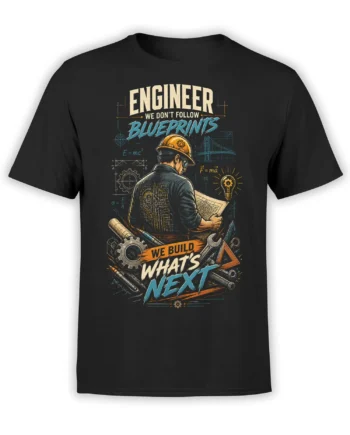Black engineer t-shirt with hard-hat worker, blueprints, gears, tools, and bold “We Build What’s Next” lettering