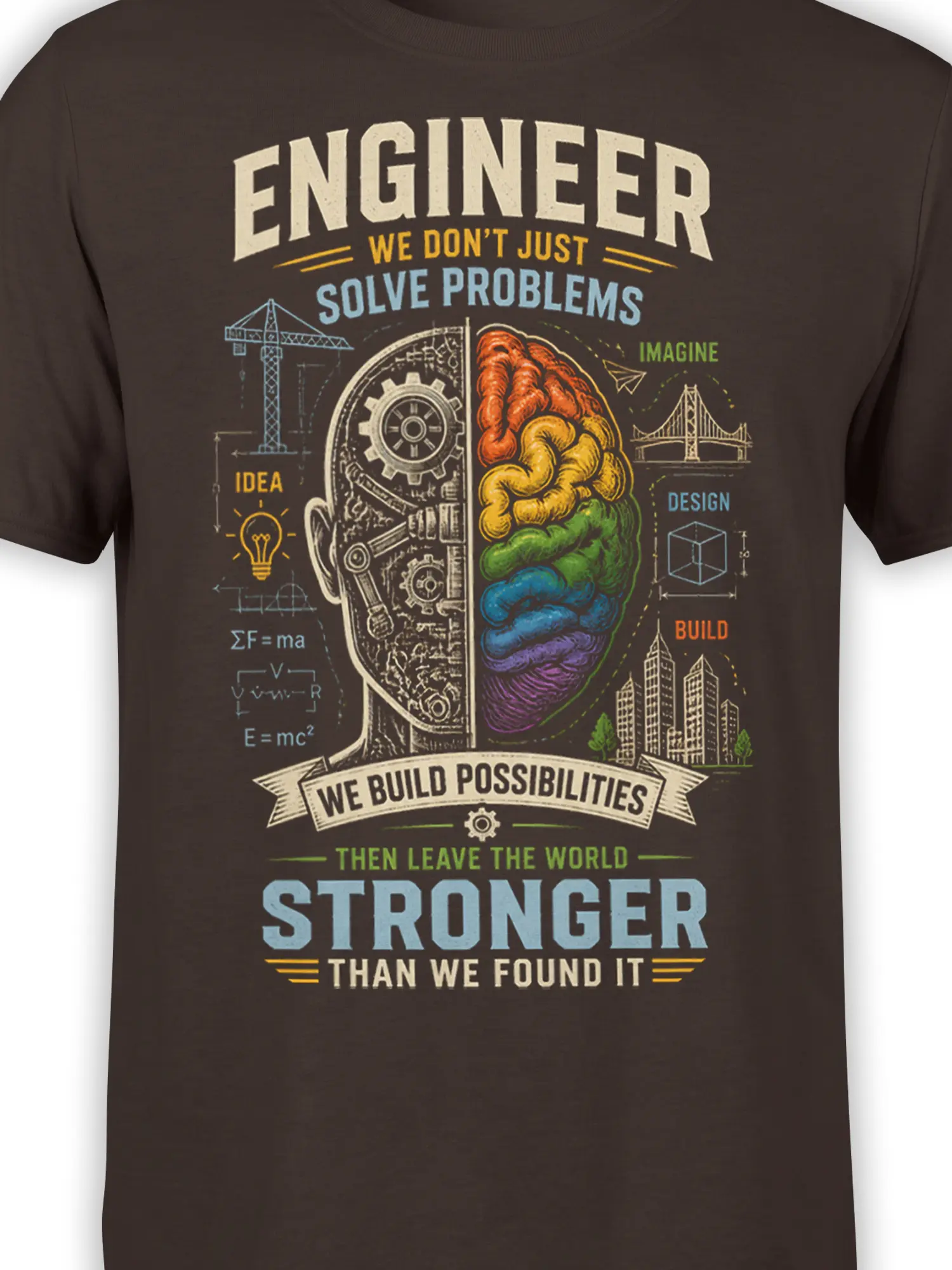 Close-up of colorful split brain, gears, formulas, bridge, crane, and engineering text on brown fabric